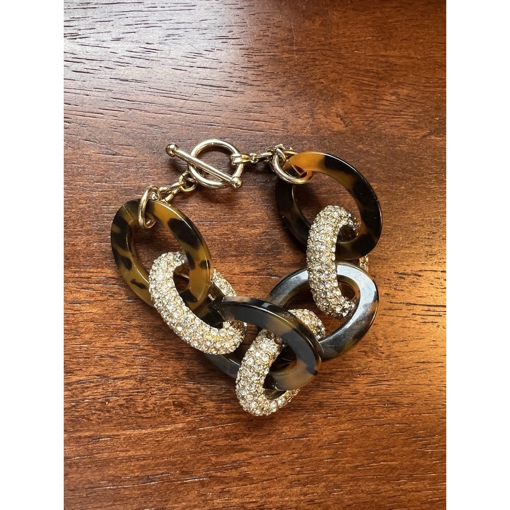 Anne Taylor faux TORTOISE / Rhinestone Crystal chain gold tone link Bracelet